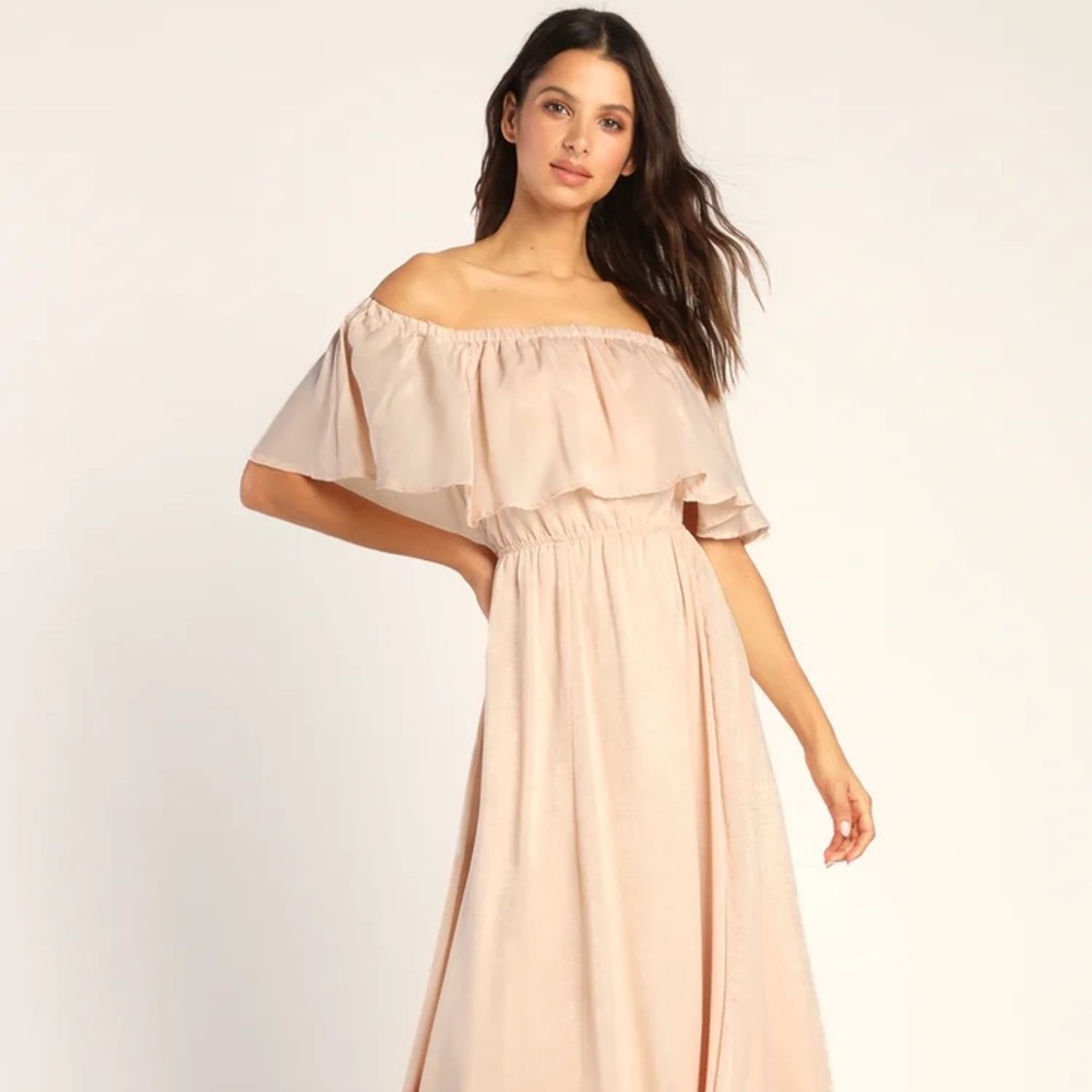Lulu's Peach Ruffled Off-Shoulder Maxi Dress